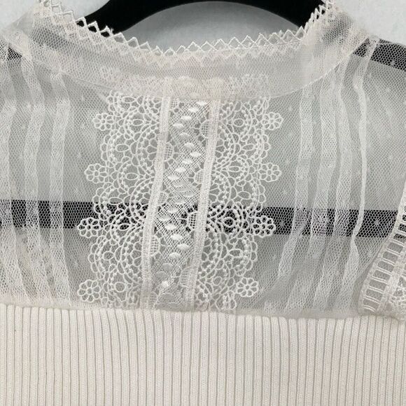 NWT Ete Belle Ribbed Lace Trim Sheer Short Sleeve Blouse White Size M - Picture 4 of 7